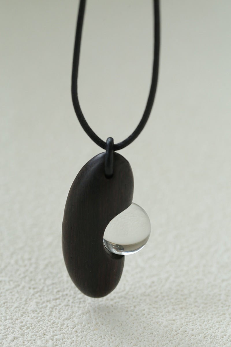 Ebony Wood Clear Crystal Adjustable Leather Cord Long Pendant Necklace - floysun
