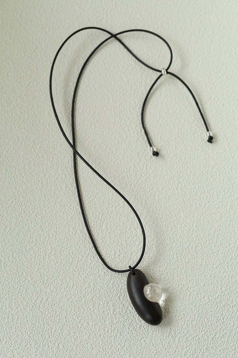 Ebony Wood Clear Crystal Adjustable Leather Cord Long Pendant Necklace - floysun