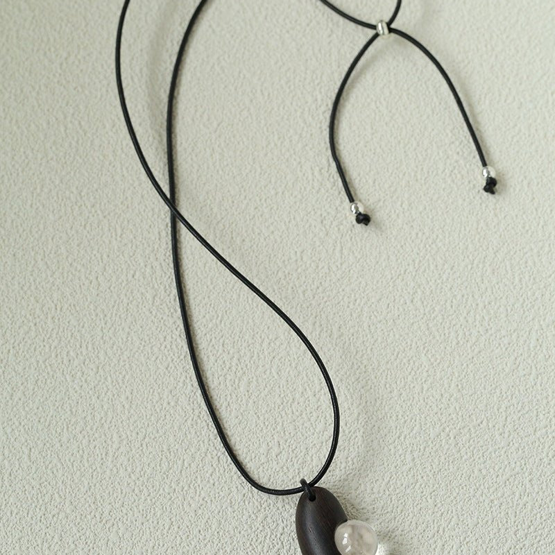 Ebony Wood Clear Crystal Adjustable Leather Cord Long Pendant Necklace - floysun