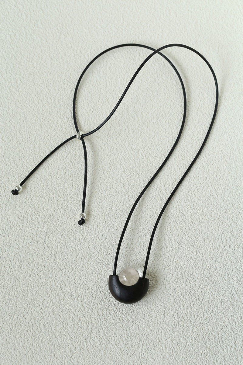 Ebony Wood Clear Crystal Adjustable Leather Cord Long Pendant Necklace - floysun