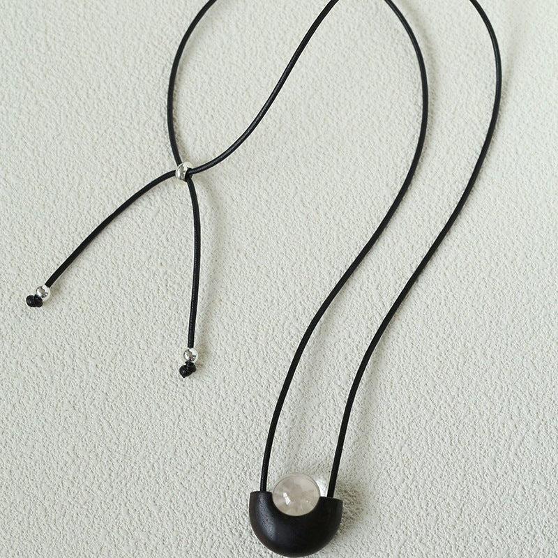 Ebony Wood Clear Crystal Adjustable Leather Cord Long Pendant Necklace - floysun