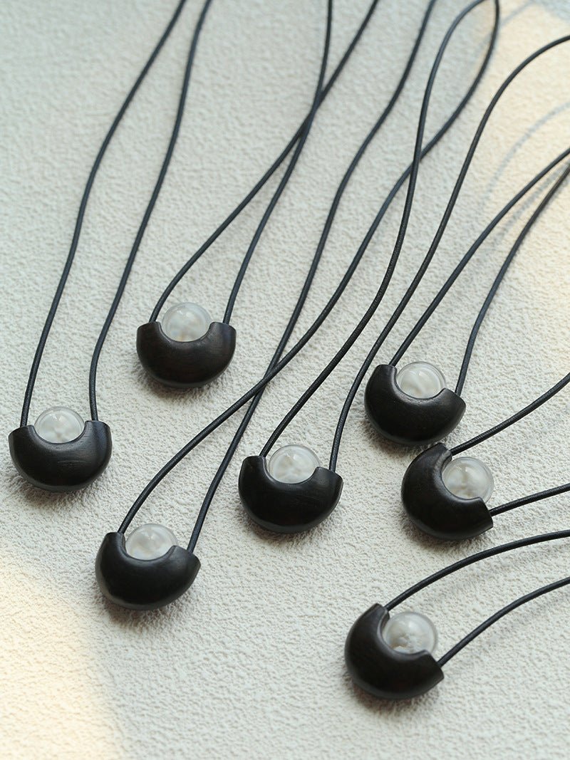 Ebony Wood Clear Crystal Adjustable Leather Cord Long Pendant Necklace - floysun