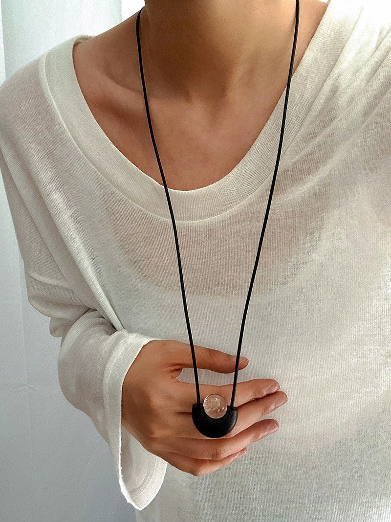 Ebony Wood Clear Crystal Adjustable Leather Cord Long Pendant Necklace - floysun