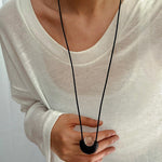 Ebony Wood Clear Crystal Adjustable Leather Cord Long Pendant Necklace - floysun