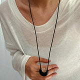 Ebony Wood Clear Crystal Adjustable Leather Cord Long Pendant Necklace - floysun