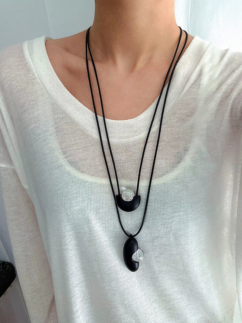 Ebony Wood Clear Crystal Adjustable Leather Cord Long Pendant Necklace - floysun