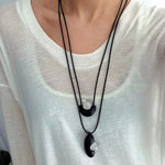Ebony Wood Clear Crystal Adjustable Leather Cord Long Pendant Necklace - floysun