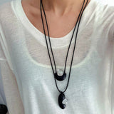Ebony Wood Clear Crystal Adjustable Leather Cord Long Pendant Necklace - floysun