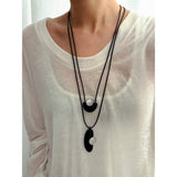 Ebony Wood Clear Crystal Adjustable Leather Cord Long Pendant Necklace - floysun