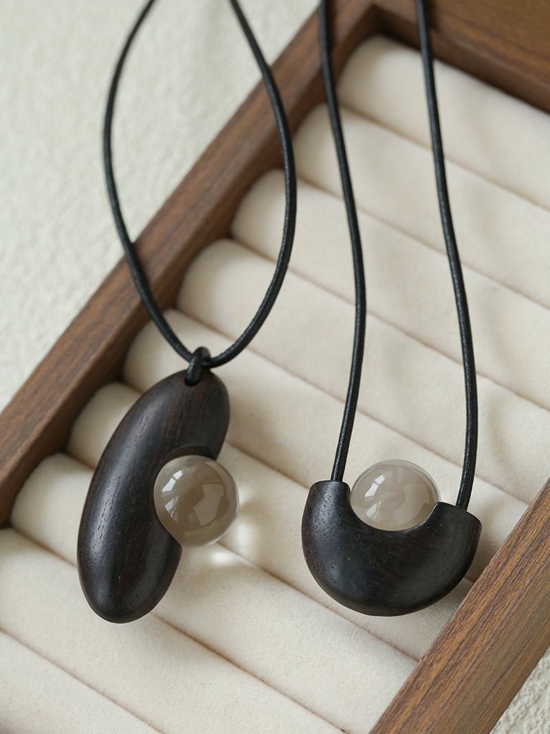 Ebony Wood Clear Crystal Adjustable Leather Cord Long Pendant Necklace - floysun