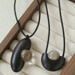 Ebony Wood Clear Crystal Adjustable Leather Cord Long Pendant Necklace - floysun