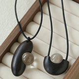 Ebony Wood Clear Crystal Adjustable Leather Cord Long Pendant Necklace - floysun