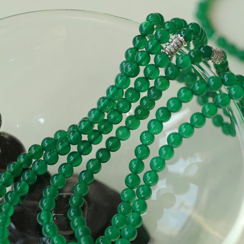 Elastic Necklace with Zirconia and Green Agate Beads - floysun