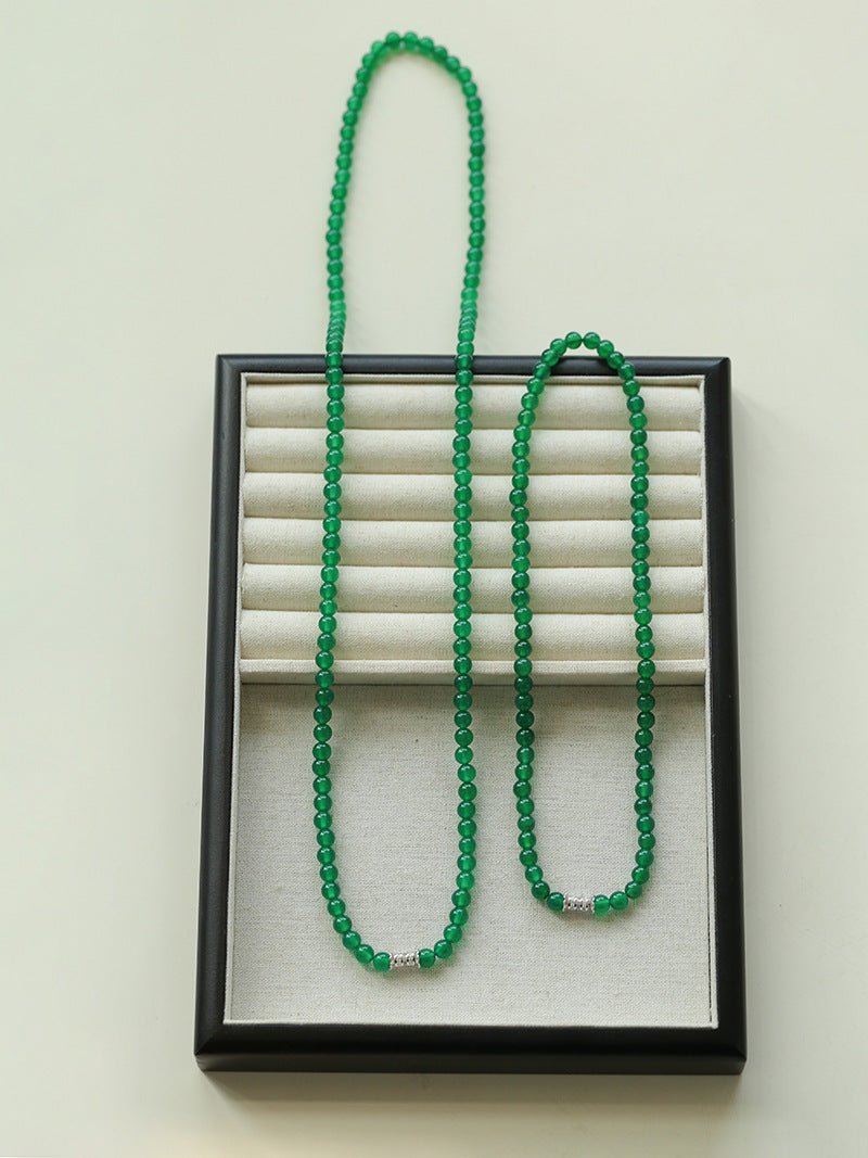 Elastic Necklace with Zirconia and Green Agate Beads - floysun