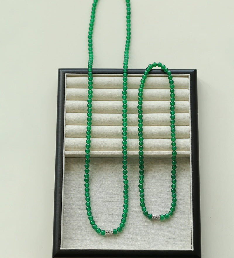 Elastic Necklace with Zirconia and Green Agate Beads - floysun