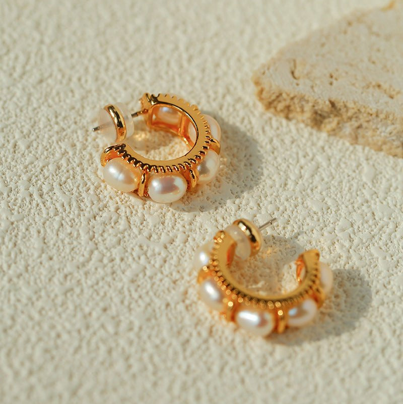 Elegant French Pearl C - Shaped Hoop Earrings - floysun