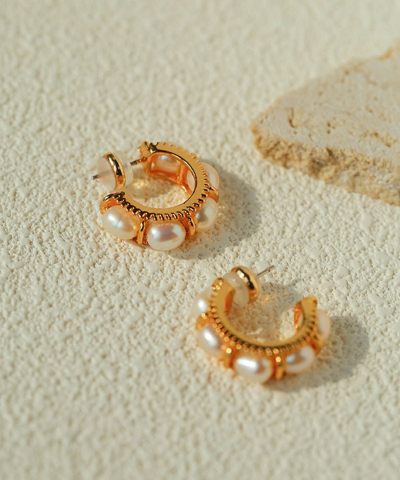 Elegant French Pearl C - Shaped Hoop Earrings - floysun