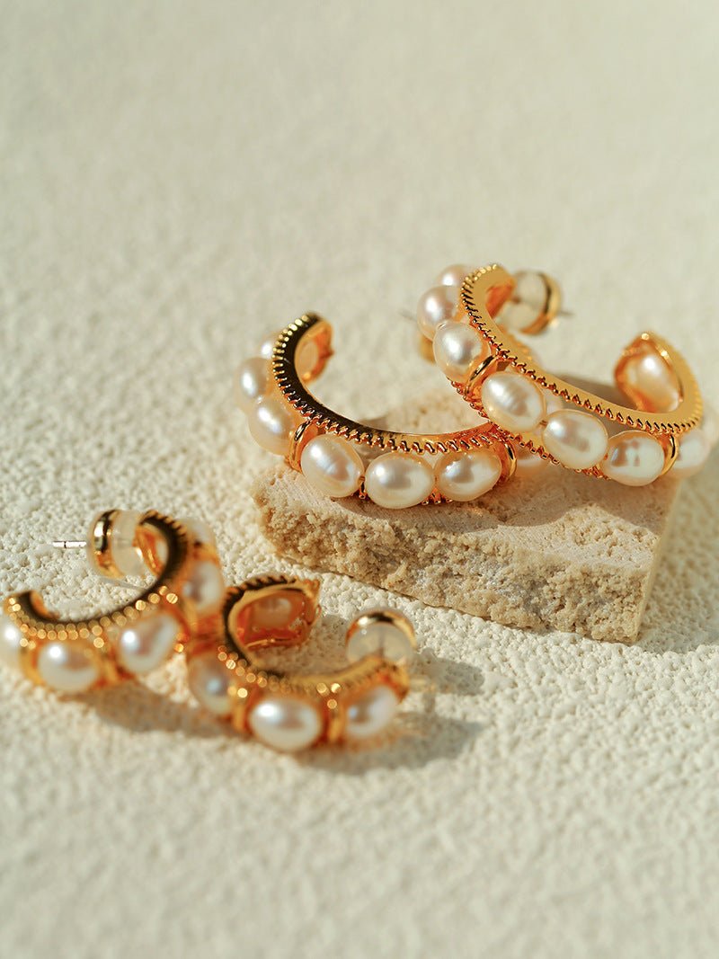 Elegant French Pearl C - Shaped Hoop Earrings - floysun