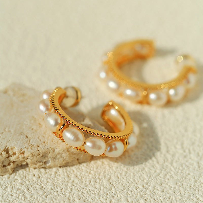 Elegant French Pearl C - Shaped Hoop Earrings - floysun