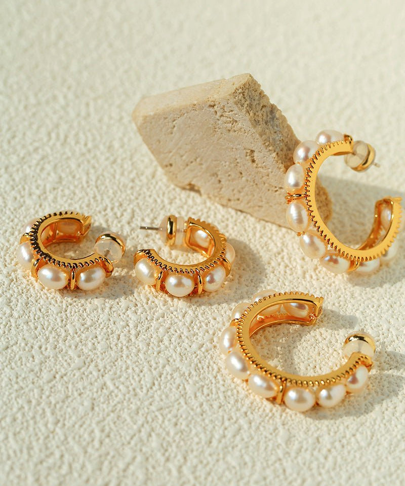 Elegant French Pearl C - Shaped Hoop Earrings - floysun