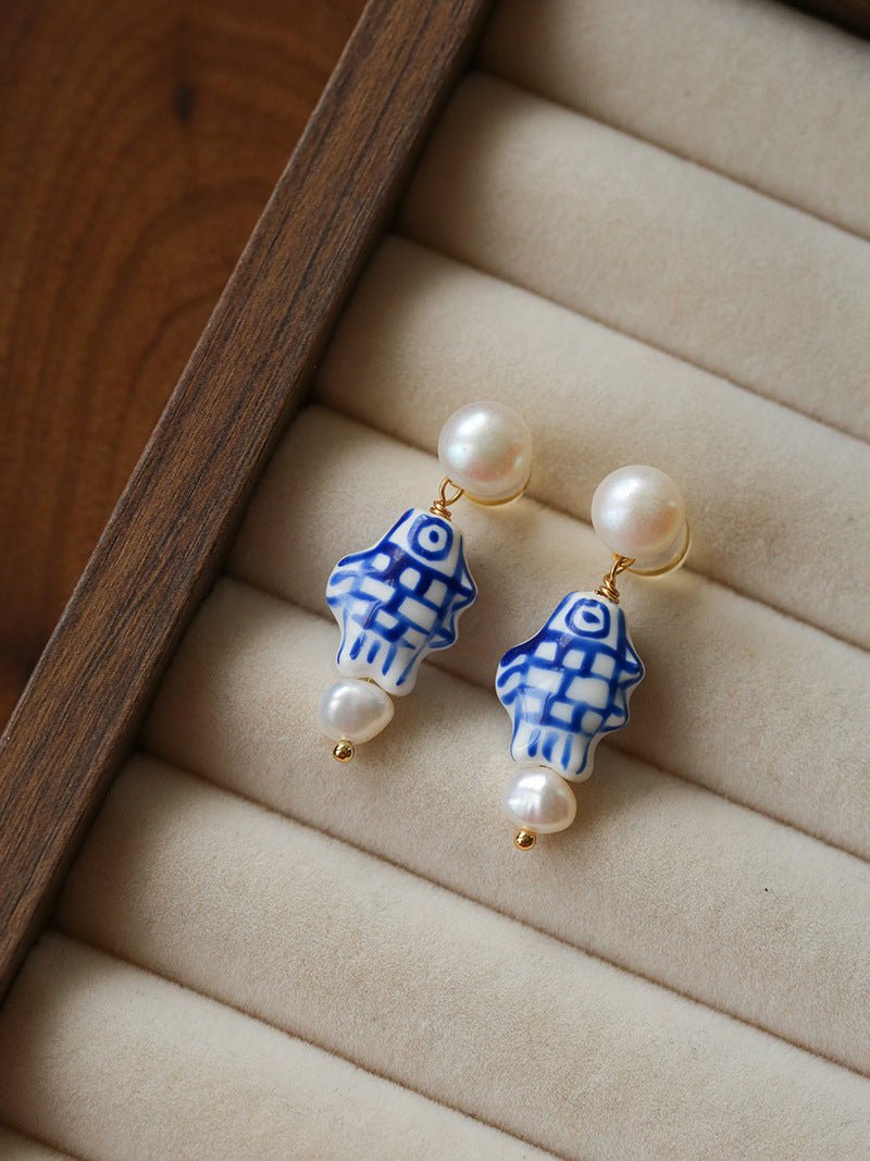 Elegant Hand-Painted Blue and White Ceramic Fish Freshwater Pearl Drop Earrings - floysun