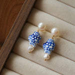 Elegant Hand-Painted Blue and White Ceramic Fish Freshwater Pearl Drop Earrings - floysun