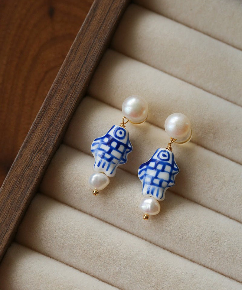 Elegant Hand-Painted Blue and White Ceramic Fish Freshwater Pearl Drop Earrings - floysun