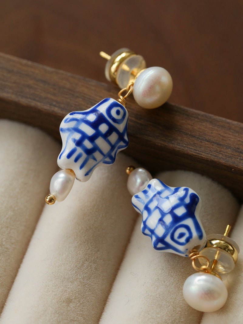 Elegant Hand-Painted Blue and White Ceramic Fish Freshwater Pearl Drop Earrings - floysun