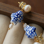 Elegant Hand-Painted Blue and White Ceramic Fish Freshwater Pearl Drop Earrings - floysun