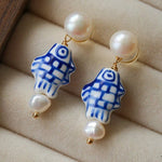 Elegant Hand-Painted Blue and White Ceramic Fish Freshwater Pearl Drop Earrings - floysun
