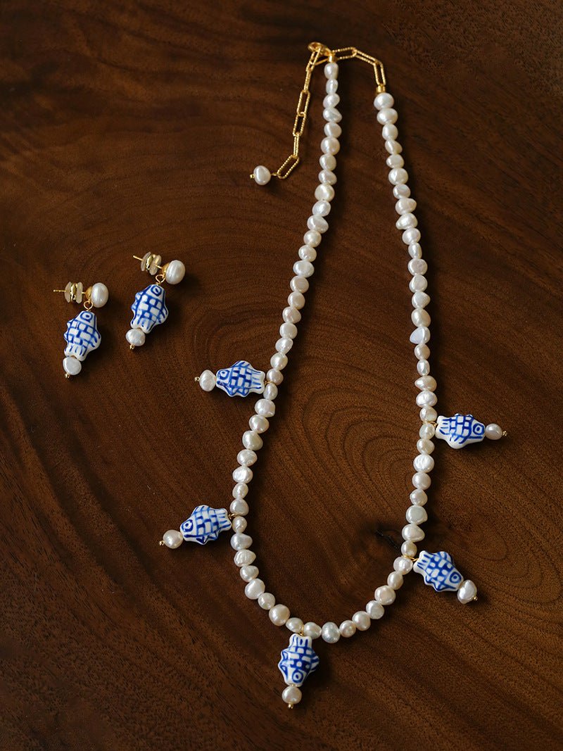 Elegant Hand-Painted Blue and White Ceramic Fish Freshwater Pearl Drop Earrings - floysun