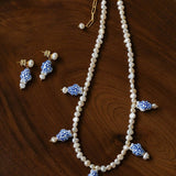 Elegant Hand-Painted Blue and White Ceramic Fish Freshwater Pearl Drop Earrings - floysun