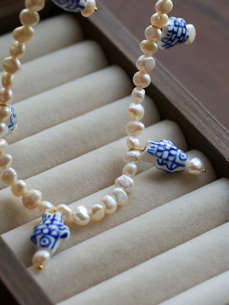 Elegant Hand-Painted Blue and White Ceramic Fish Freshwater Pearl Necklace - floysun