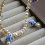 Elegant Hand-Painted Blue and White Ceramic Fish Freshwater Pearl Necklace - floysun