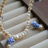 Elegant Hand-Painted Blue and White Ceramic Fish Freshwater Pearl Necklace - floysun