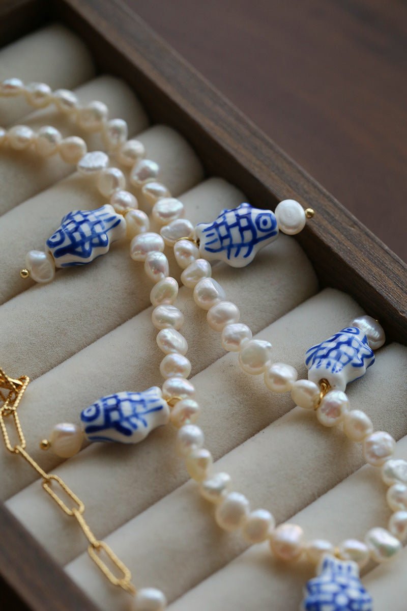 Elegant Hand-Painted Blue and White Ceramic Fish Freshwater Pearl Necklace - floysun