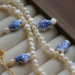Elegant Hand-Painted Blue and White Ceramic Fish Freshwater Pearl Necklace - floysun