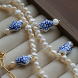 Elegant Hand-Painted Blue and White Ceramic Fish Freshwater Pearl Necklace - floysun
