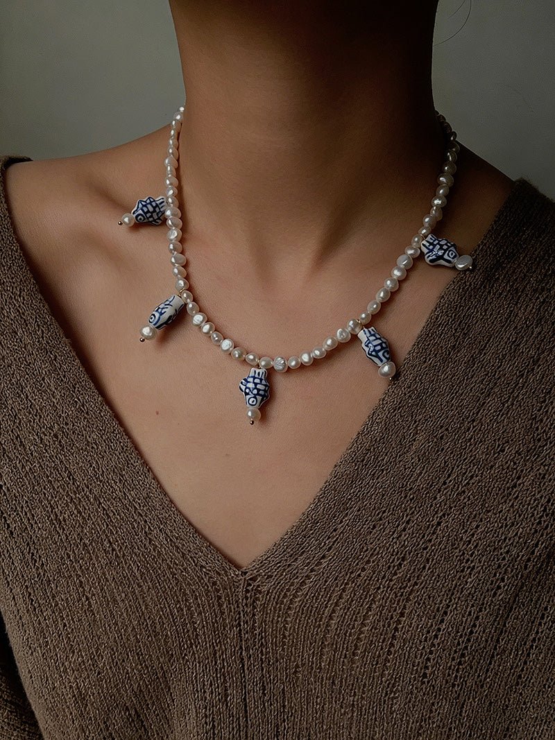 Elegant Hand-Painted Blue and White Ceramic Fish Freshwater Pearl Necklace - floysun