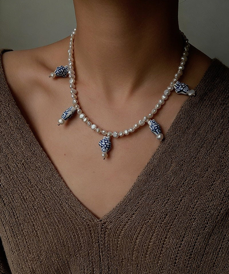 Elegant Hand-Painted Blue and White Ceramic Fish Freshwater Pearl Necklace - floysun