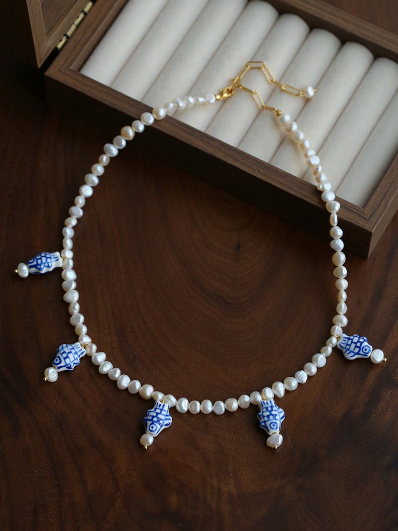 Elegant Hand-Painted Blue and White Ceramic Fish Freshwater Pearl Necklace - floysun