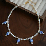 Elegant Hand-Painted Blue and White Ceramic Fish Freshwater Pearl Necklace - floysun