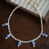 Elegant Hand-Painted Blue and White Ceramic Fish Freshwater Pearl Necklace - floysun
