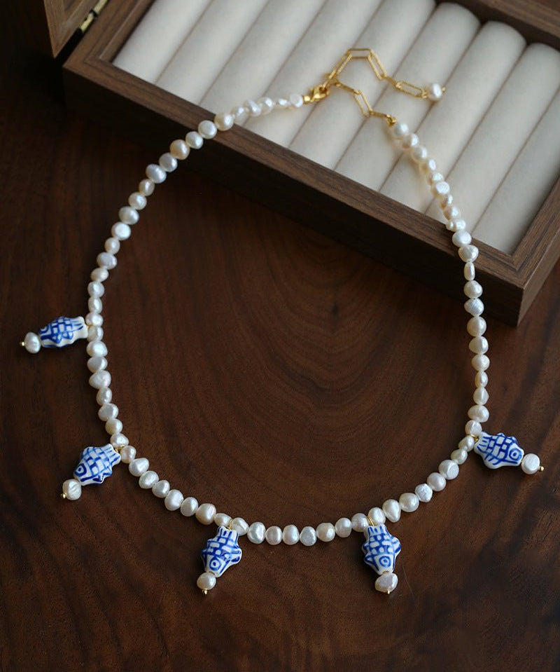 Elegant Hand-Painted Blue and White Ceramic Fish Freshwater Pearl Necklace - floysun