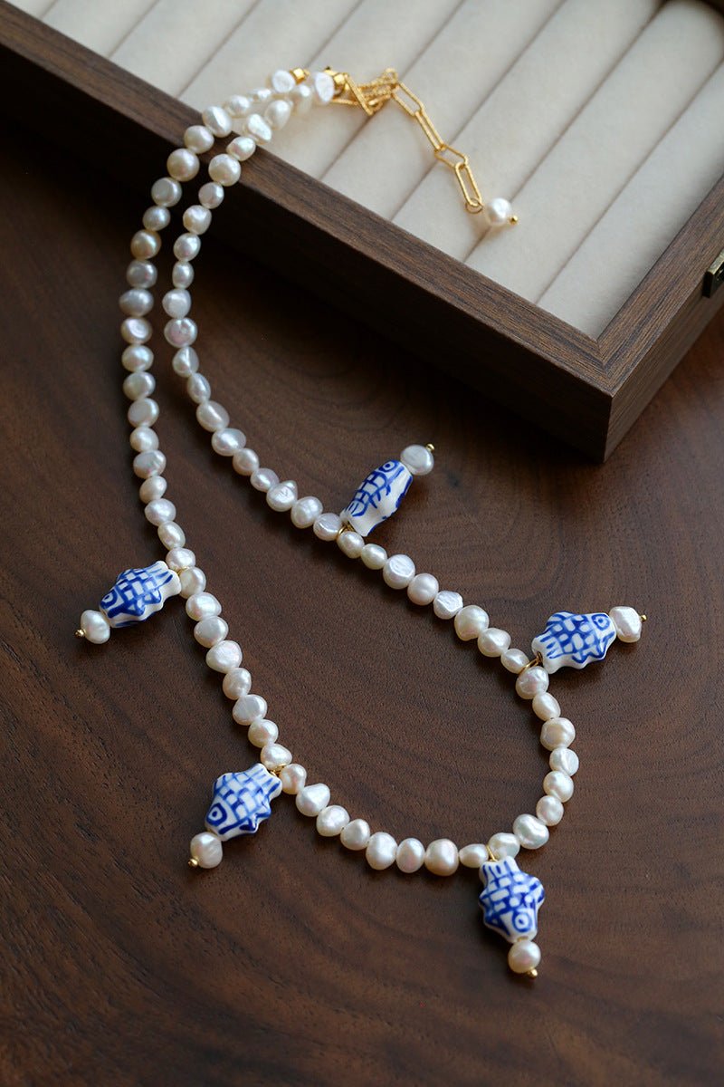 Elegant Hand-Painted Blue and White Ceramic Fish Freshwater Pearl Necklace - floysun