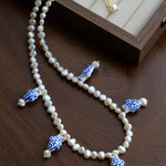 Elegant Hand-Painted Blue and White Ceramic Fish Freshwater Pearl Necklace - floysun