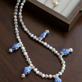 Elegant Hand-Painted Blue and White Ceramic Fish Freshwater Pearl Necklace - floysun