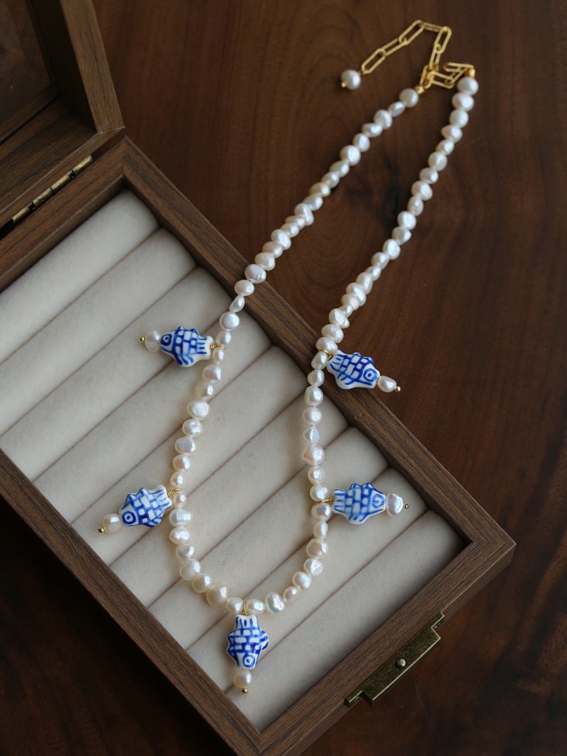 Elegant Hand-Painted Blue and White Ceramic Fish Freshwater Pearl Necklace - floysun