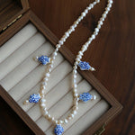 Elegant Hand-Painted Blue and White Ceramic Fish Freshwater Pearl Necklace - floysun