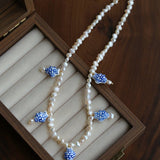 Elegant Hand-Painted Blue and White Ceramic Fish Freshwater Pearl Necklace - floysun